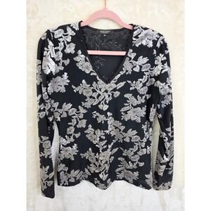 Karen Kane Lifestyle Womens Black Silver Floral Burnout V-Neck Top‎ 3L14041